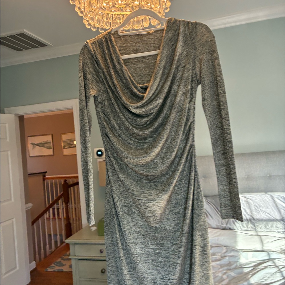 Tahari Gray Draped Cowl Long-Sleeve Midi Dress